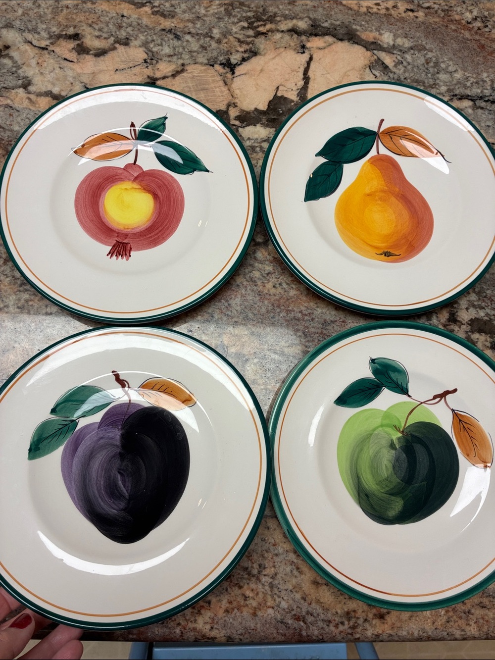Hand-Painted Fruit Salad Plates - Green Trim (Set)